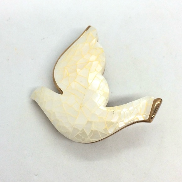 VINTAGE LIZ CLAIBORNE MOP DOVE BROOCH PIN GOLD TONE MOSAIC PEACE CHRISTMAS BIRD - Picture 10 of 16